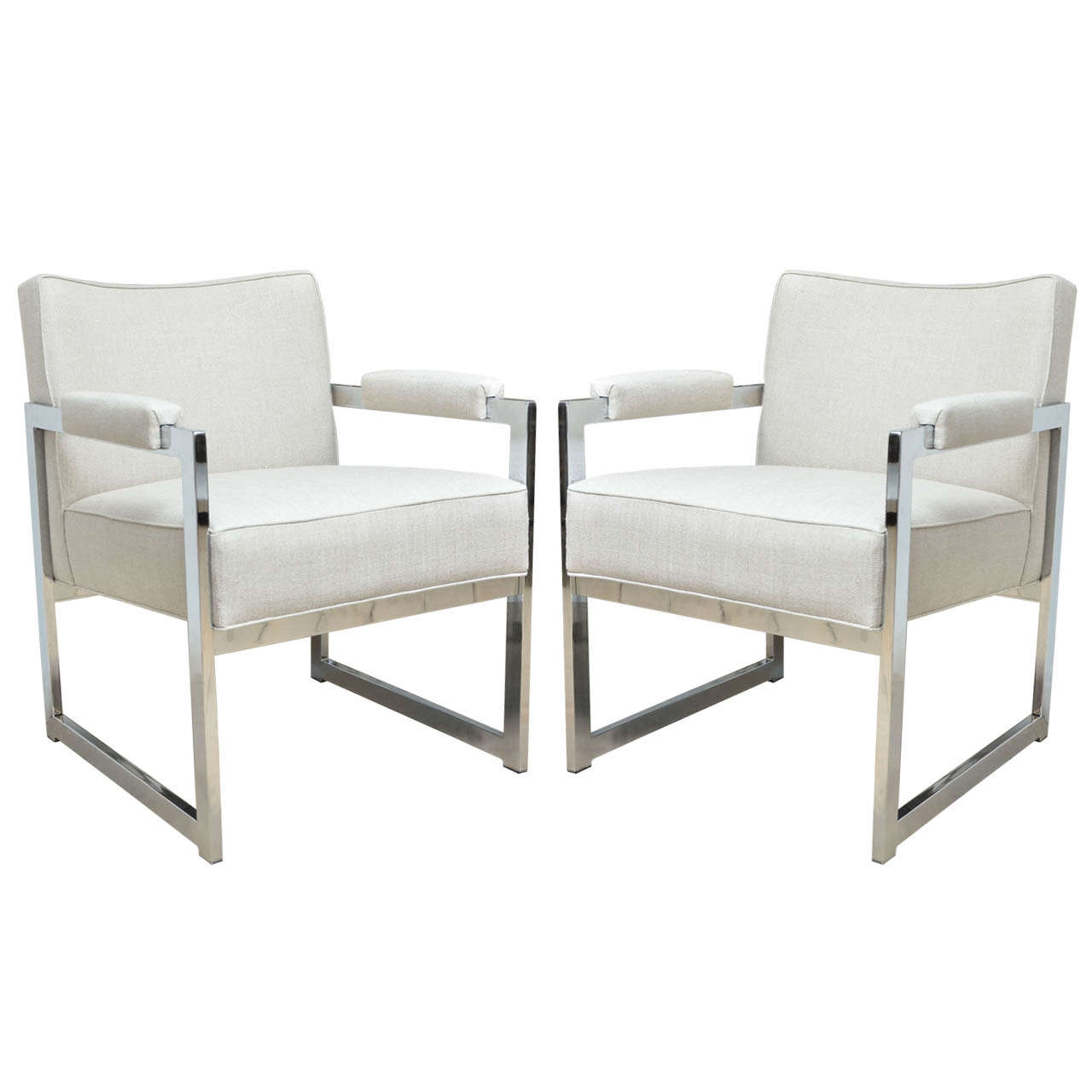 Pair of Chrome Frame Linen Upholstered Chairs 