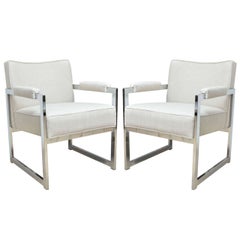 Pair of Chrome Frame Linen Upholstered Chairs 