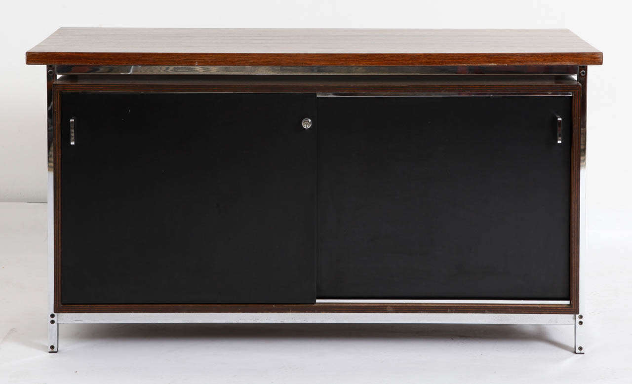 Side Cabinet model DG130, with massive Wenge top by Jules Wabbes, 1966, Mobilier Universel Manufacturer.
Solid Wenge top, chromium plated steel pedestals and handles.