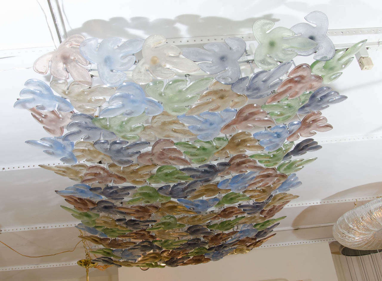 Large rectangular ceiling fixture composed of multicolored Murano glass leaves by Flavio Poli for Seguso, for the Hotel Bristol Merano, Italy.