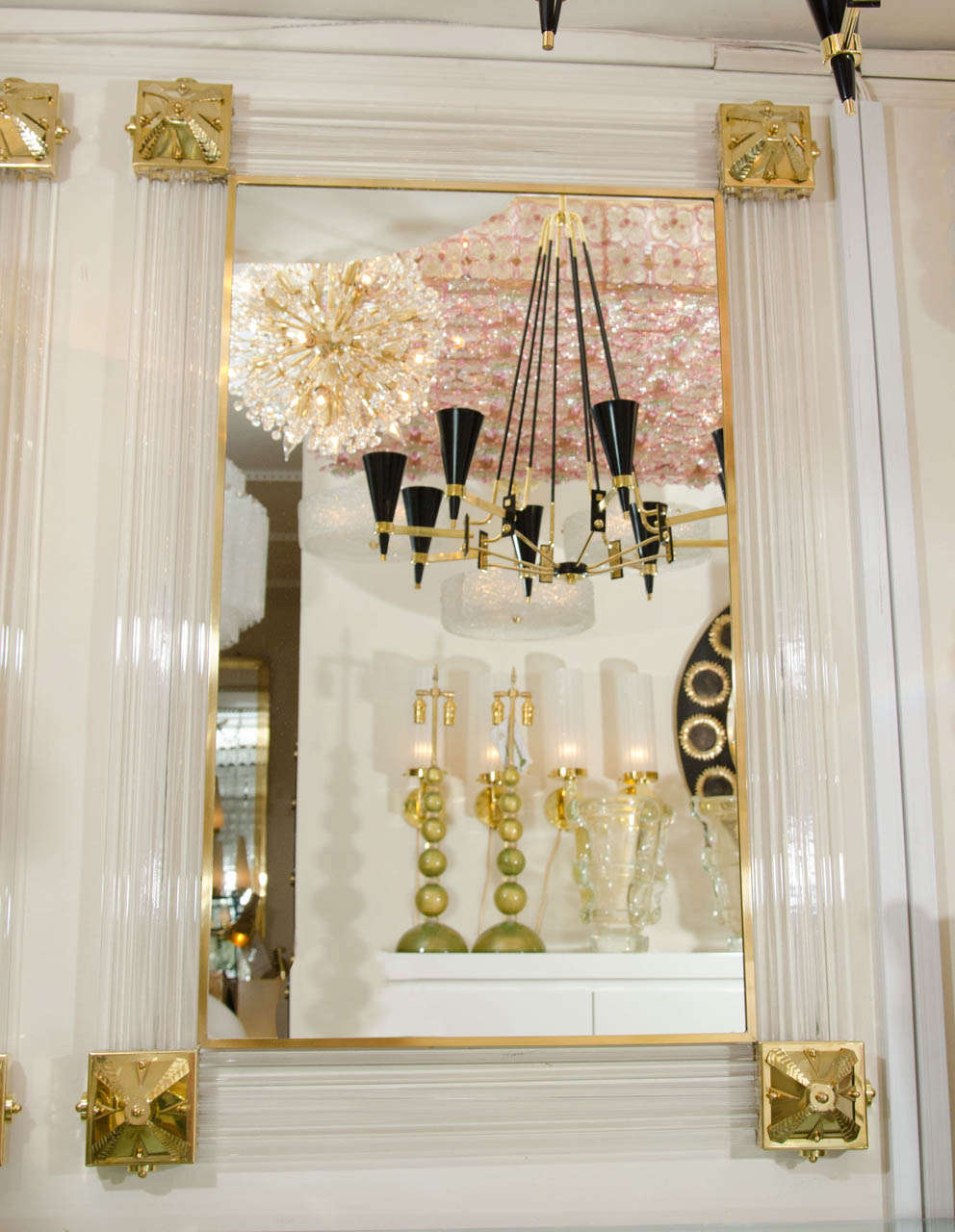 Rectangular mirror with fluted glass surround and brass decorative details by Barovier.