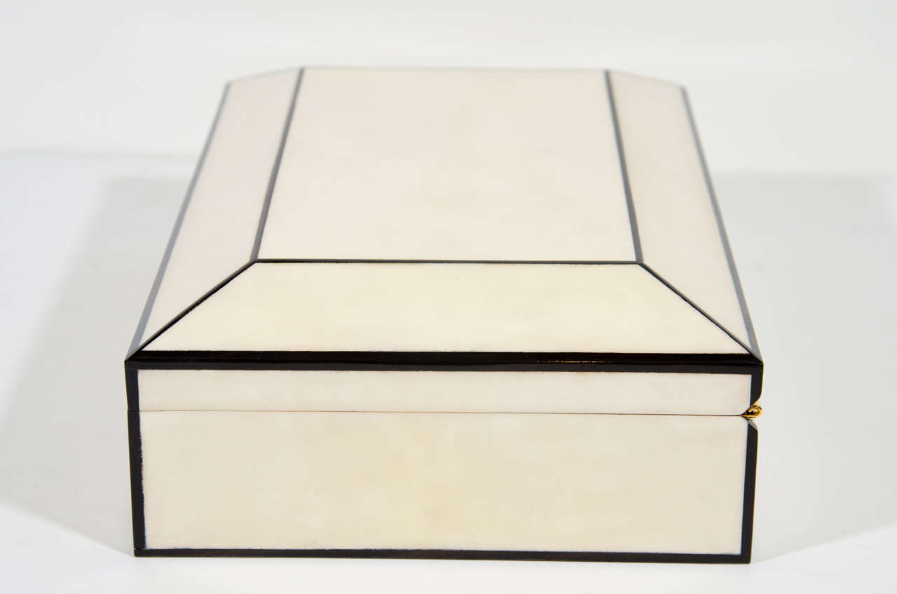 20th Century Creme Lacquered Parchment Box with Ebonized Wood Trim