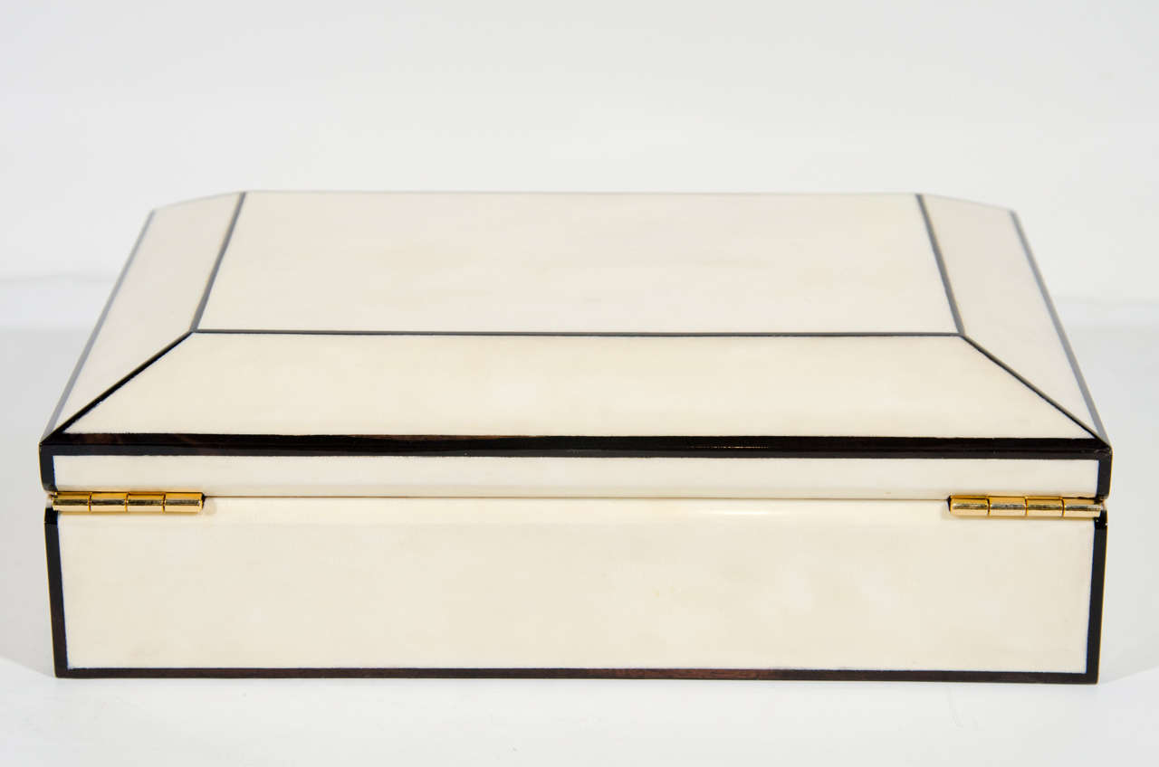 Creme Lacquered Parchment Box with Ebonized Wood Trim 1