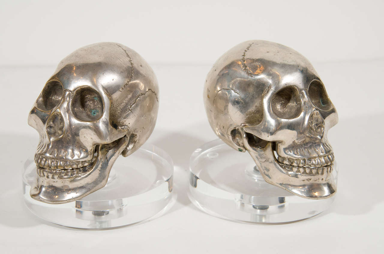 20th Century Pair of Hand Forged Silvered Metal and Lucite Skull Bookends