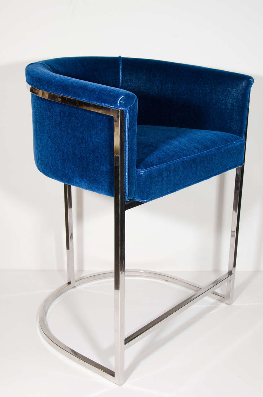 Set of 4 Modernist Luxe Bar Stools in Sapphire Mohair and Chrome with Barrel Back Design. $2,500 each / $10,000 Set of 4
