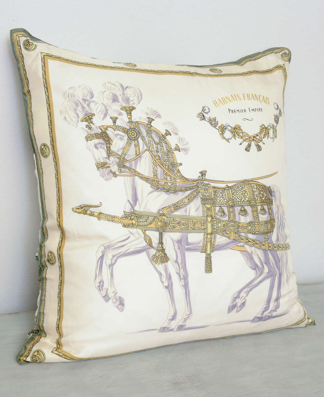 Beautiful vintage 100% silk Hermes cushion with regal and neo-classical design