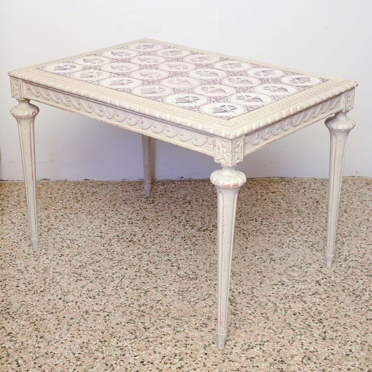 19th Century Swedish Antique Table with Ceramic Tile Top