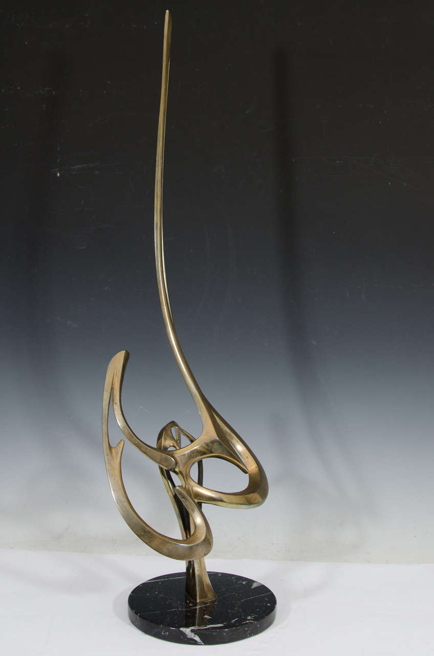 Vintage Tall Bronze and Marble Abstract Sculpture by Artist Bob Bennett In Good Condition For Sale In New York, NY