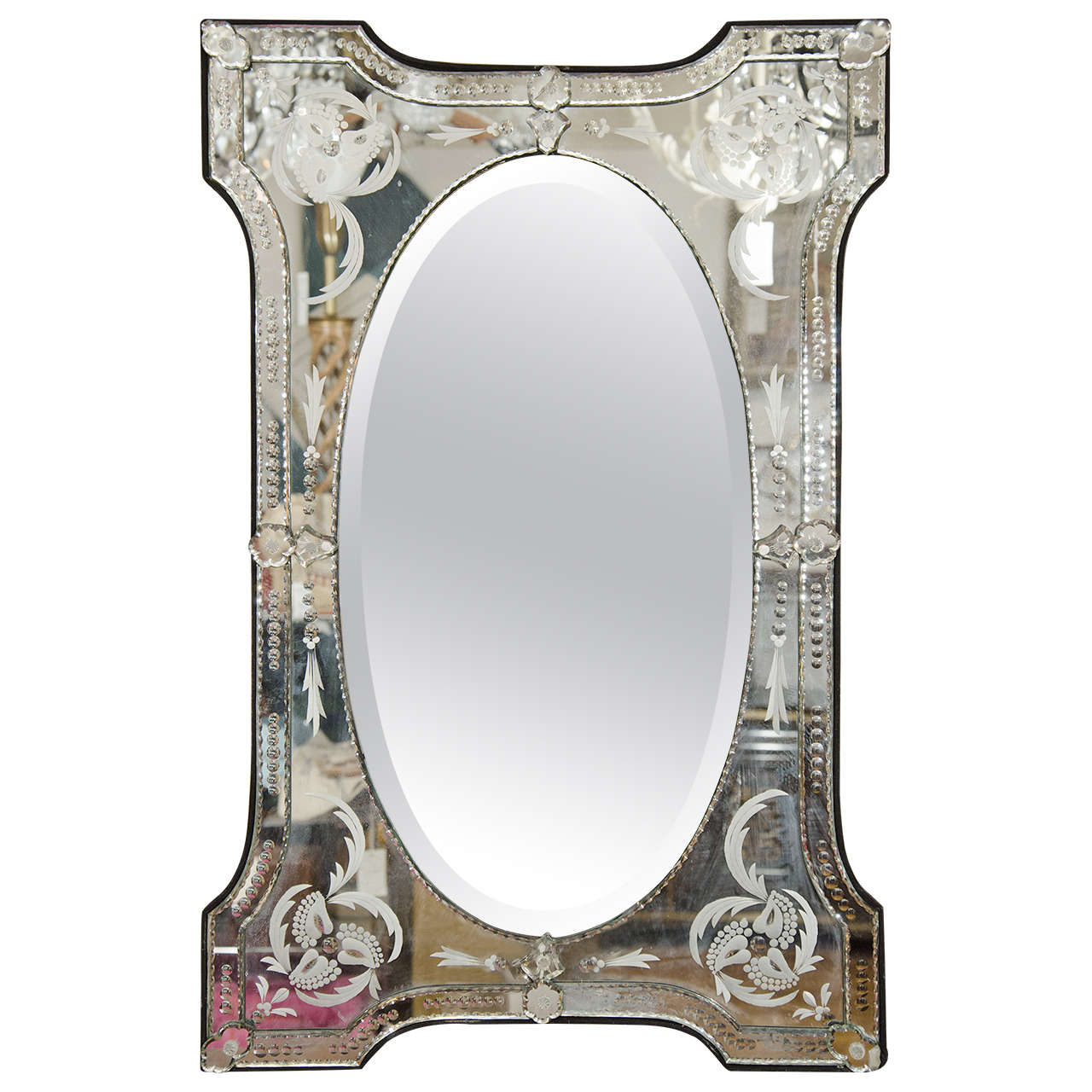 1950s Venetian Etched Glass Wall-Mounted Mirror with Oval Center