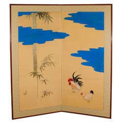 Meiji Period Japanese Two-Panel Screen with Scene of Rooster and Chicken 11