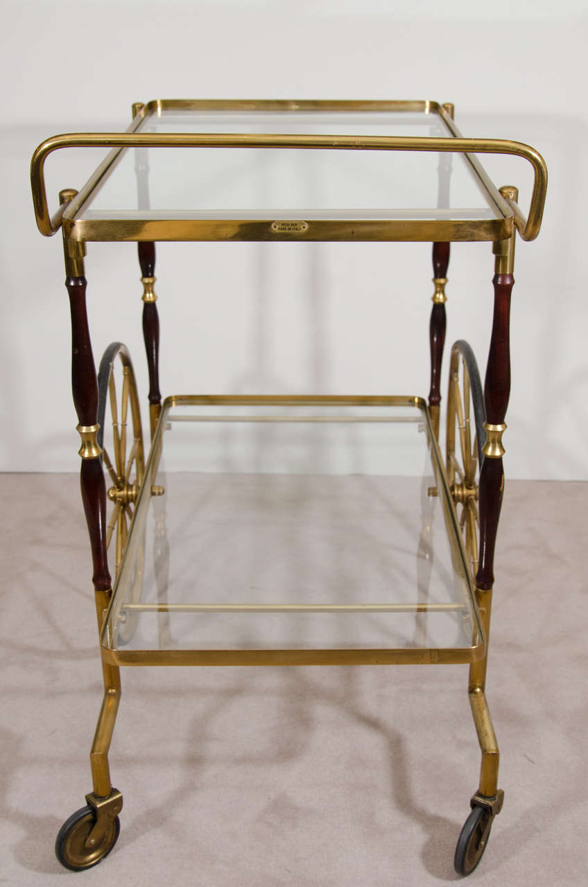 20th Century Midcentury Italian Brass and Wood Bar Cart