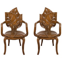 Art Nouveau Style, Pair of Sculptural Leaf Motif Armchairs or Side Chairs