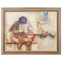 Midcentury Oil on Canvas Painting of a Musician Playing a Dobro by Si Lewen