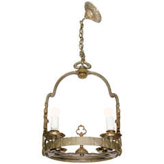 Antique Arts and Crafts Bronze Four-Light Chandelier Attributed to Oscar Bach