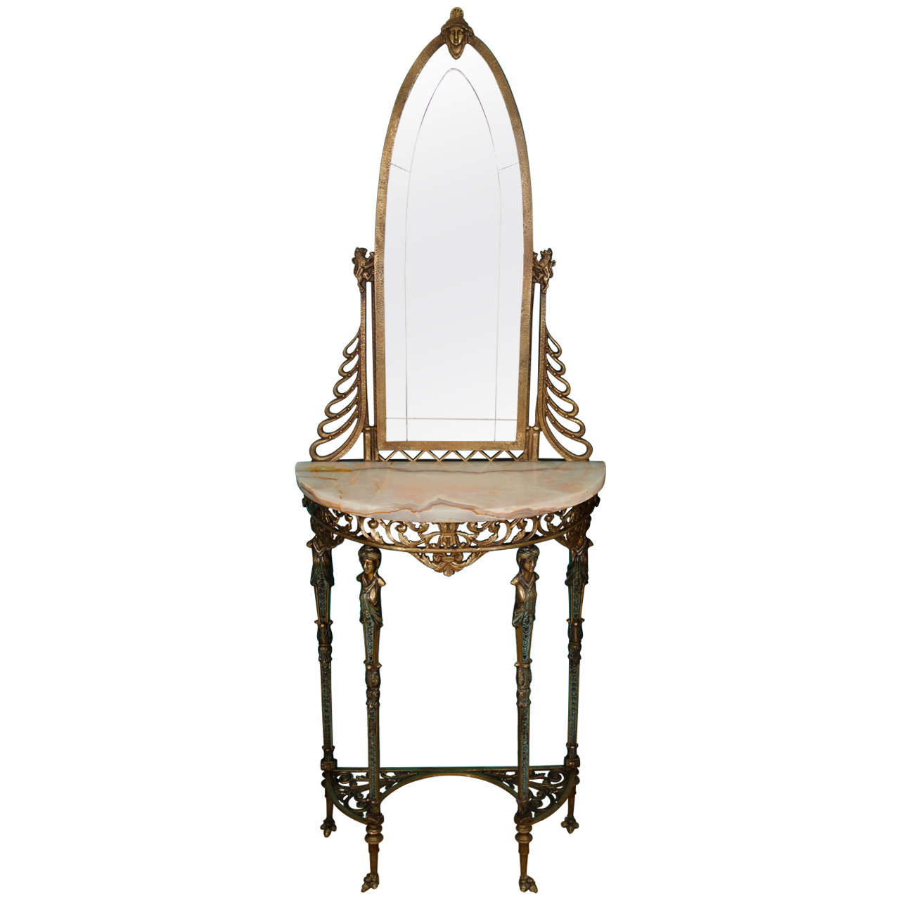 Oscar Bach Figural Console Table with Marble Top and Mirror