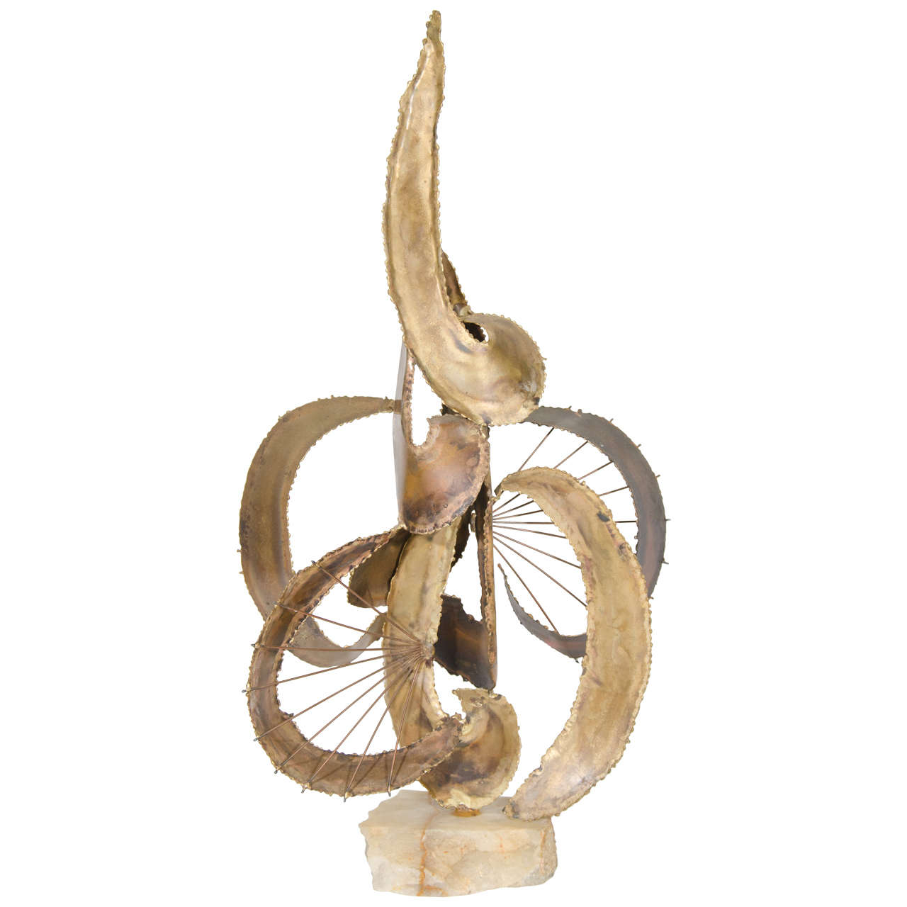 Brutalist Mixed Metal and Alabaster Sculpture Inspired by Curtis Jere For Sale