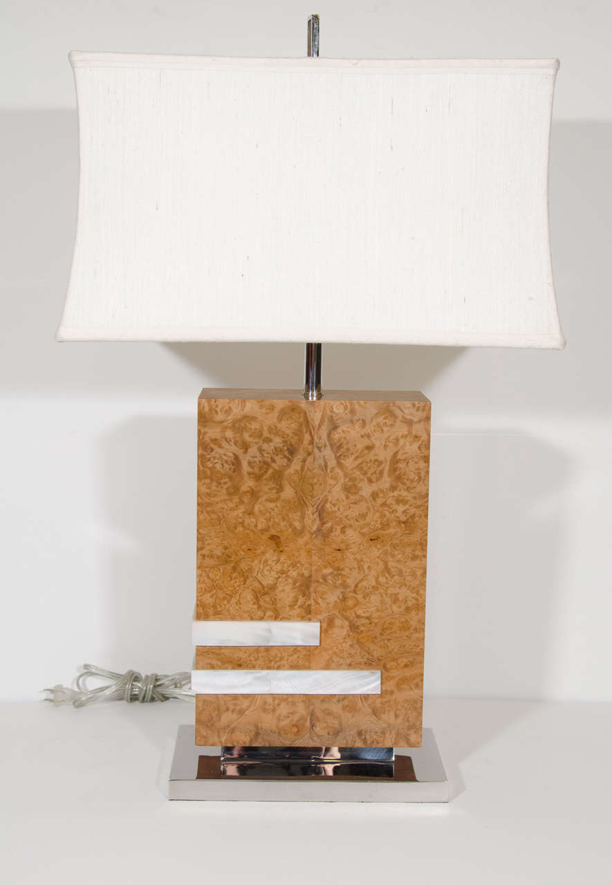 Contemporary Pair of Burl Wood Table Lamps with Raised Abalone Shell