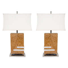 Contemporary Pair of Burl Wood Table Lamps with Raised Abalone Shell