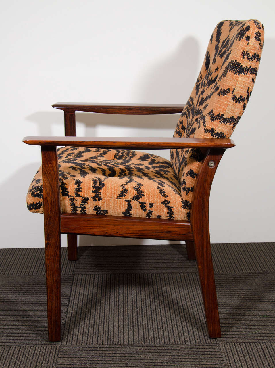 American Midcentury Pair of Rosewood Chairs in Tiger Velvet Upholstery