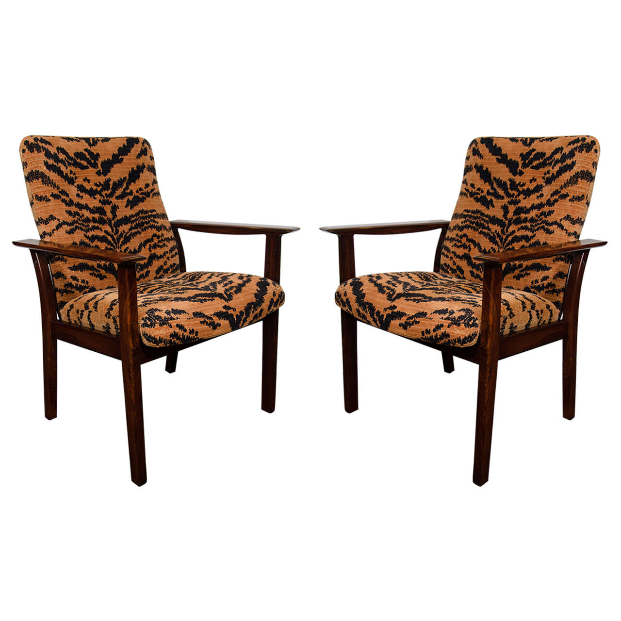 Midcentury Pair of Rosewood Chairs in Tiger Velvet Upholstery