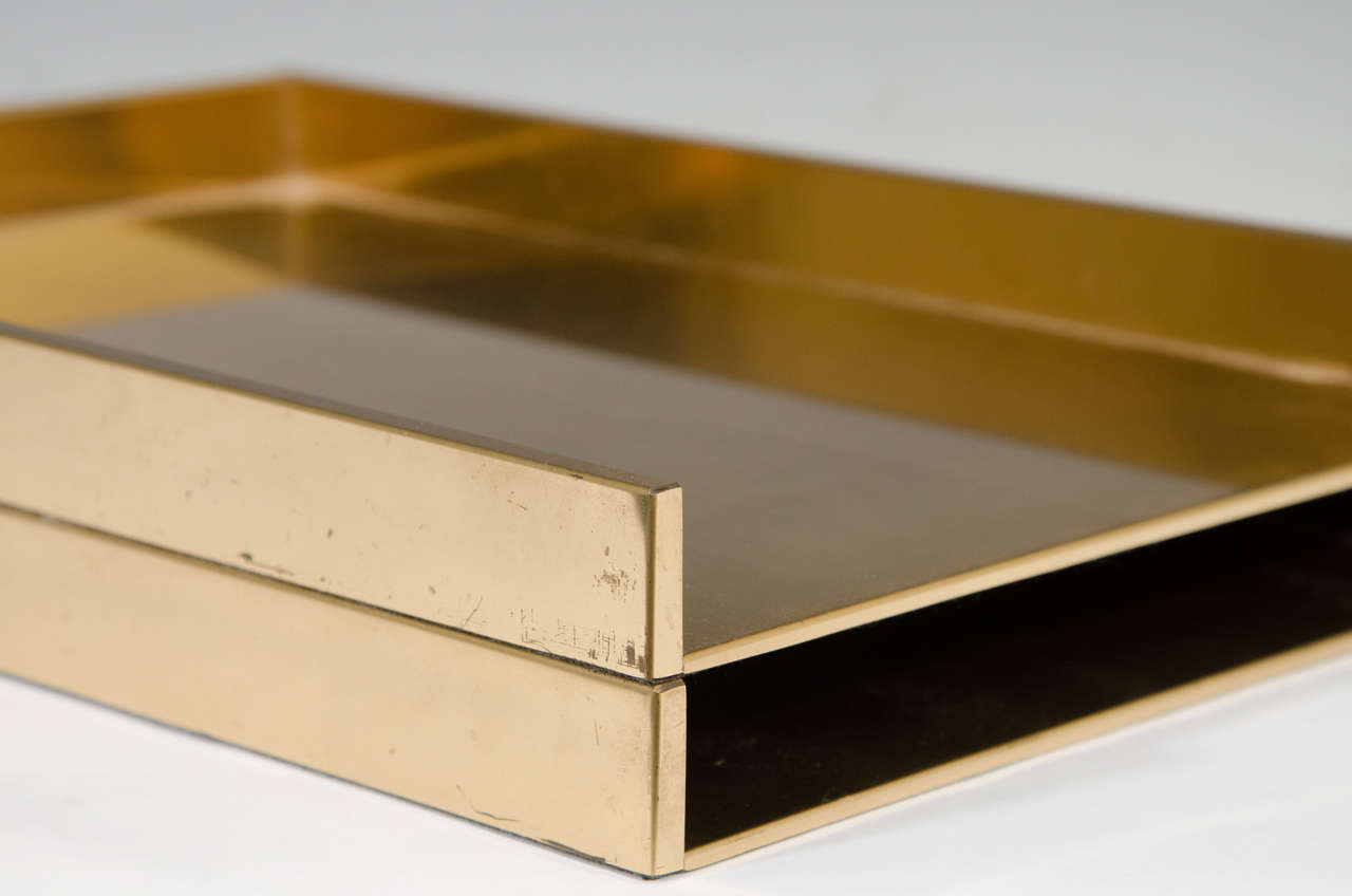 Vintage Pair of Sleek Brass Stackable Paper Trays or Desk Organizers at