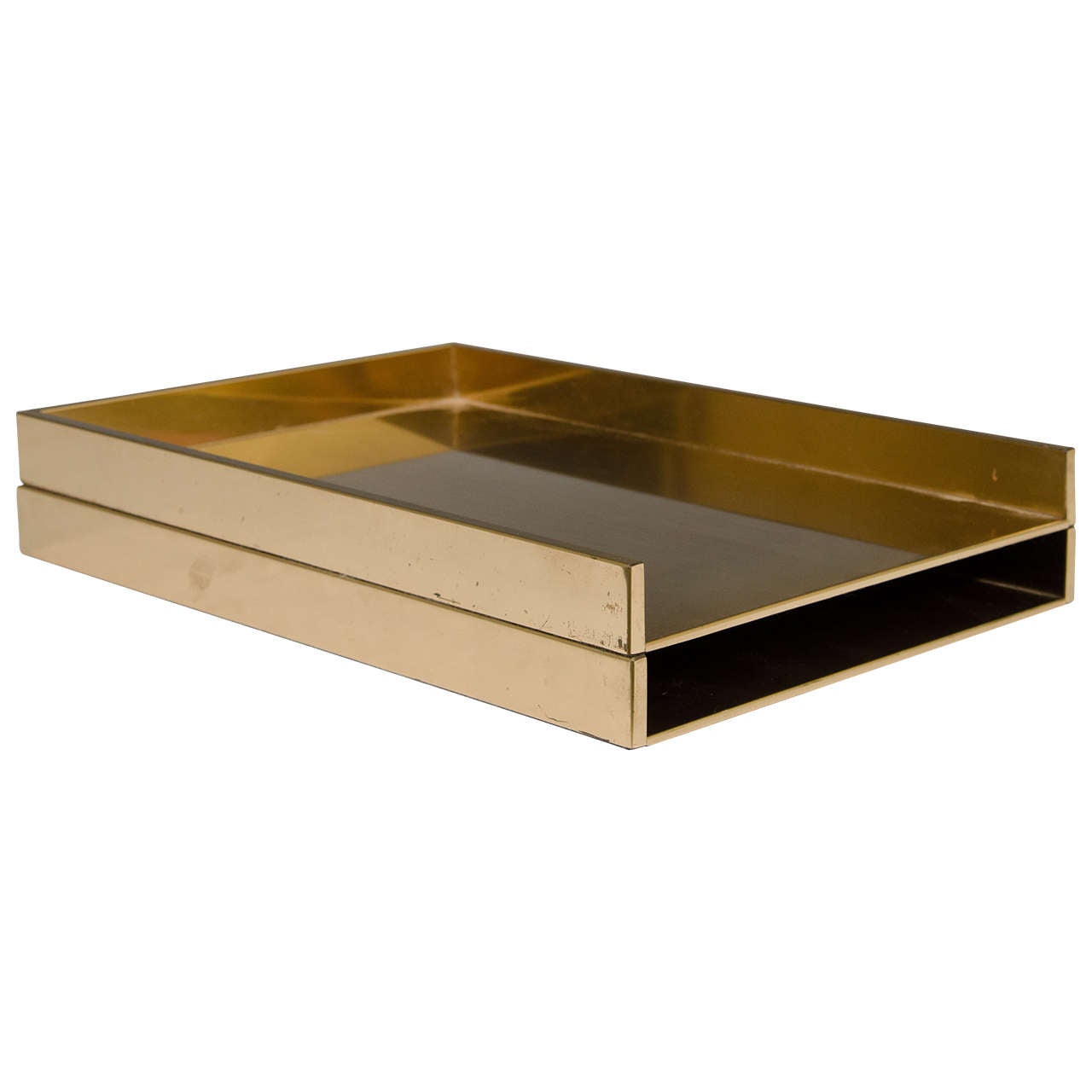Vintage Pair of Sleek Brass Stackable Paper Trays or Desk Organizers at