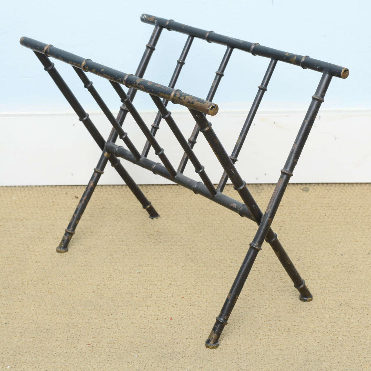 Patinated Mid-Century Modern Maison Jansen Brass Bamboo Magazine Rack For Sale