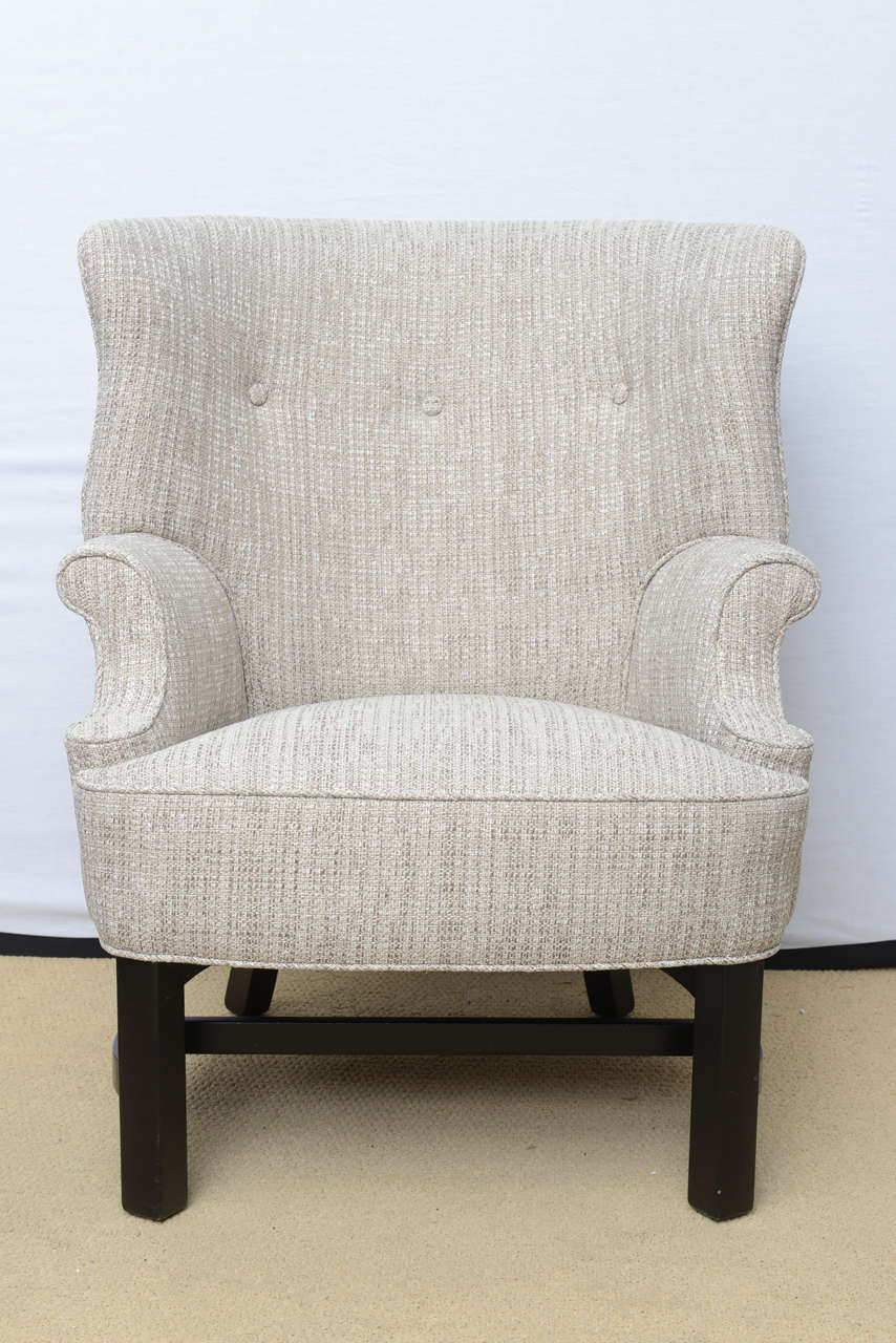 Love the scale on these, they are not your high back traditional high wingback chairs, they are smaller scale ,yet very comfortable and stylish. They have been professionally refoamed and upholstered in a rich neutral fabric.