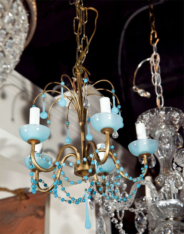 Brass Blue  Glass  Drops  And  Cups  Chandelier