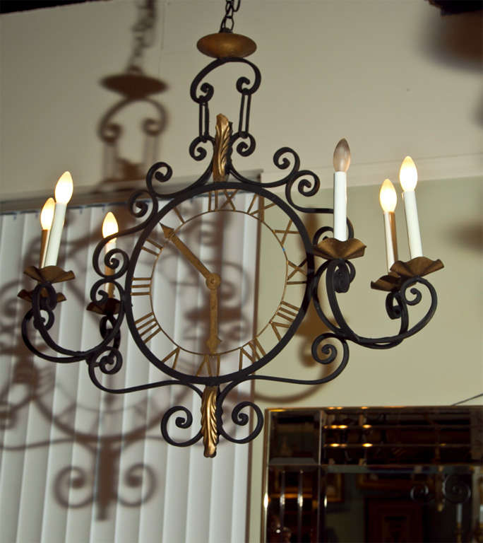 Iron  Clock  Face  Chandelier  With Six  Lights
