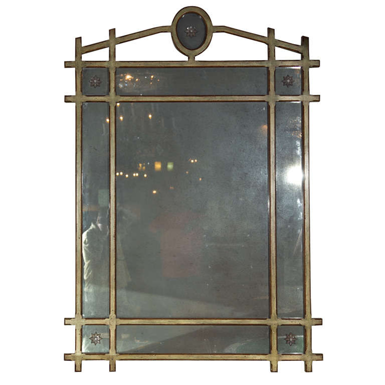 Monumental Maison Jansen Pier Mirror With Green And Gilt Paint Decorated Frame 