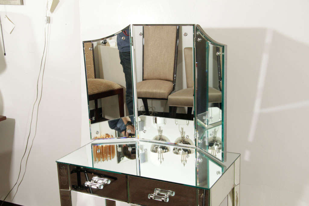 20th Century 1940's Hollywood Mirrored Vanity with Trifold Dressing Mirror