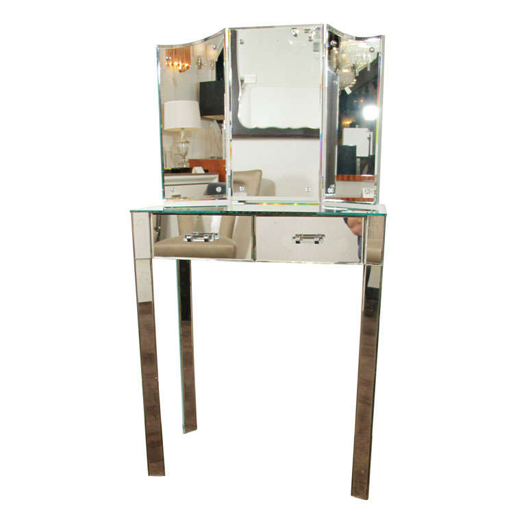 1940's Hollywood Mirrored Vanity with Trifold Dressing Mirror