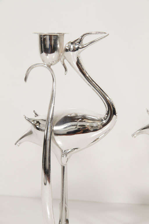 Stunning Art Deco Silverplate Heron Candlesticks by Phyllis Hert