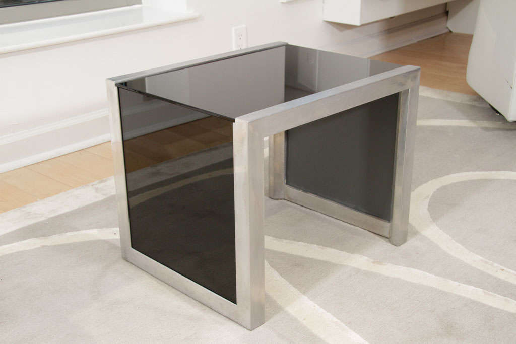 Mid-Century Modernist Side Table in Brushed Chrome and Black Vitrolite 2