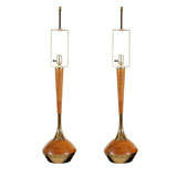 Pair Of Laurel Mid-Century Walnut And Brass Table Lamps