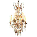 (L-5467) Antique French crystal and bronze six-light chandelier