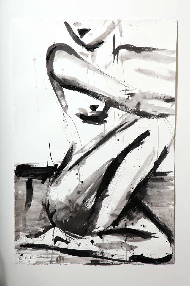 Large Sitting Nude by Jenna Snyder-Phillips. Artist educated in United States and Italy.
This nude is sold without frame.
Sumi ink and lacquer on 100% cotton archival paper.