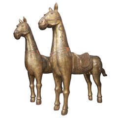 Antique Pair of Tibetan Gilded/Jeweled Wooden Horses, 72"h, Circa 1900