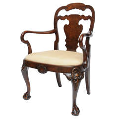 English - Georgian Style Arm Chair, Burl Walnut. Circa 1900 