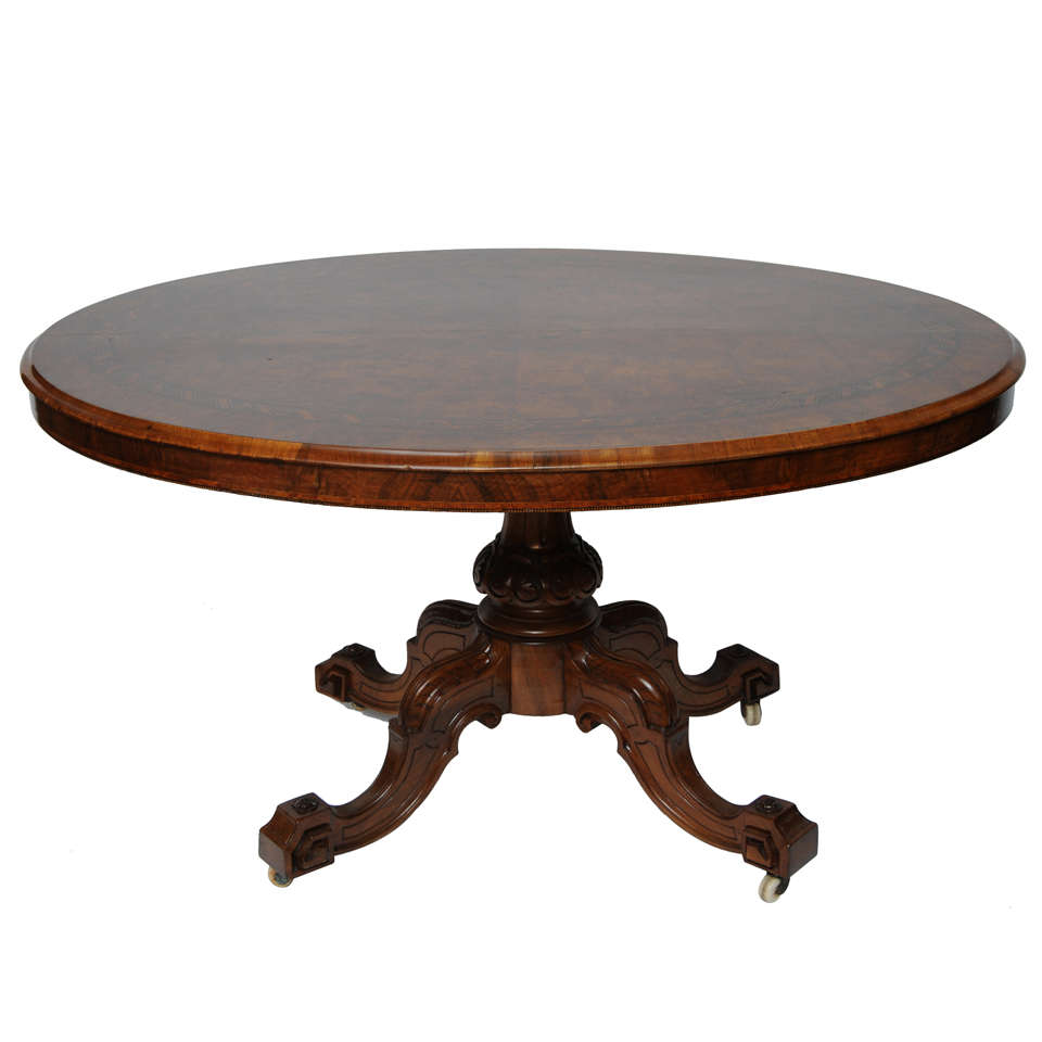 Oval Walnut with Inlay Center, Dining Table, Tilt Top, 19th Century For Sale