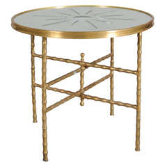 Vintage Faux Bamboo Brass Table with Etched Mirrored Top