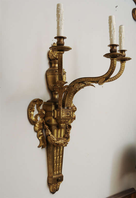 French Fine Pair of Large Gilt Bronze Three Light Sconces For Sale