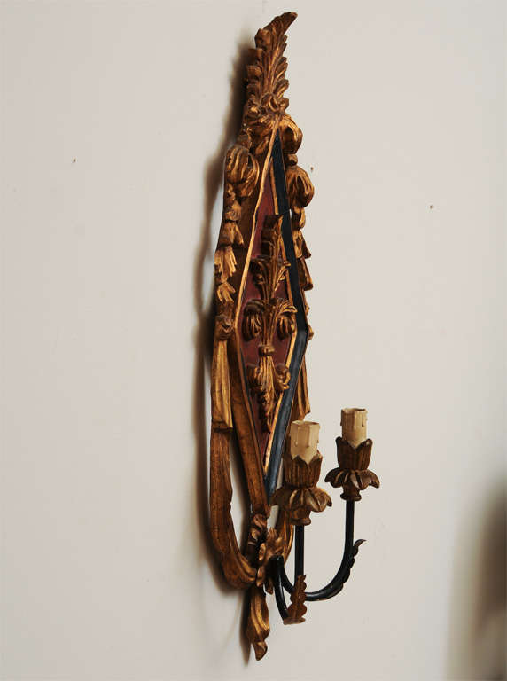Hand-Carved Pair of Italian Carved Two-light Sconces For Sale