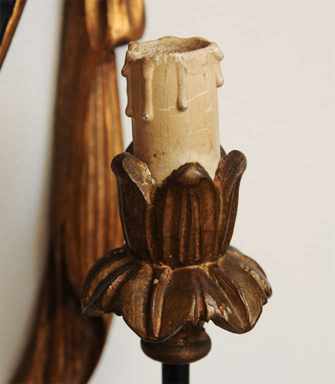 Wood Pair of Italian Carved Two-light Sconces For Sale