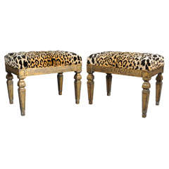 Pair of Gilt Benches with Greek Key Apron and Leopard Print Tufted Seats