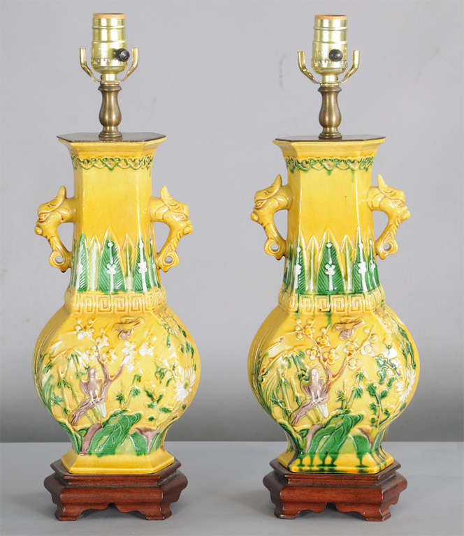 Pair of 19th Century Chinese Famille Jaune Vase Lamps with Vintage Shades