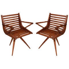 Pair of wood slat tri-leg chairs