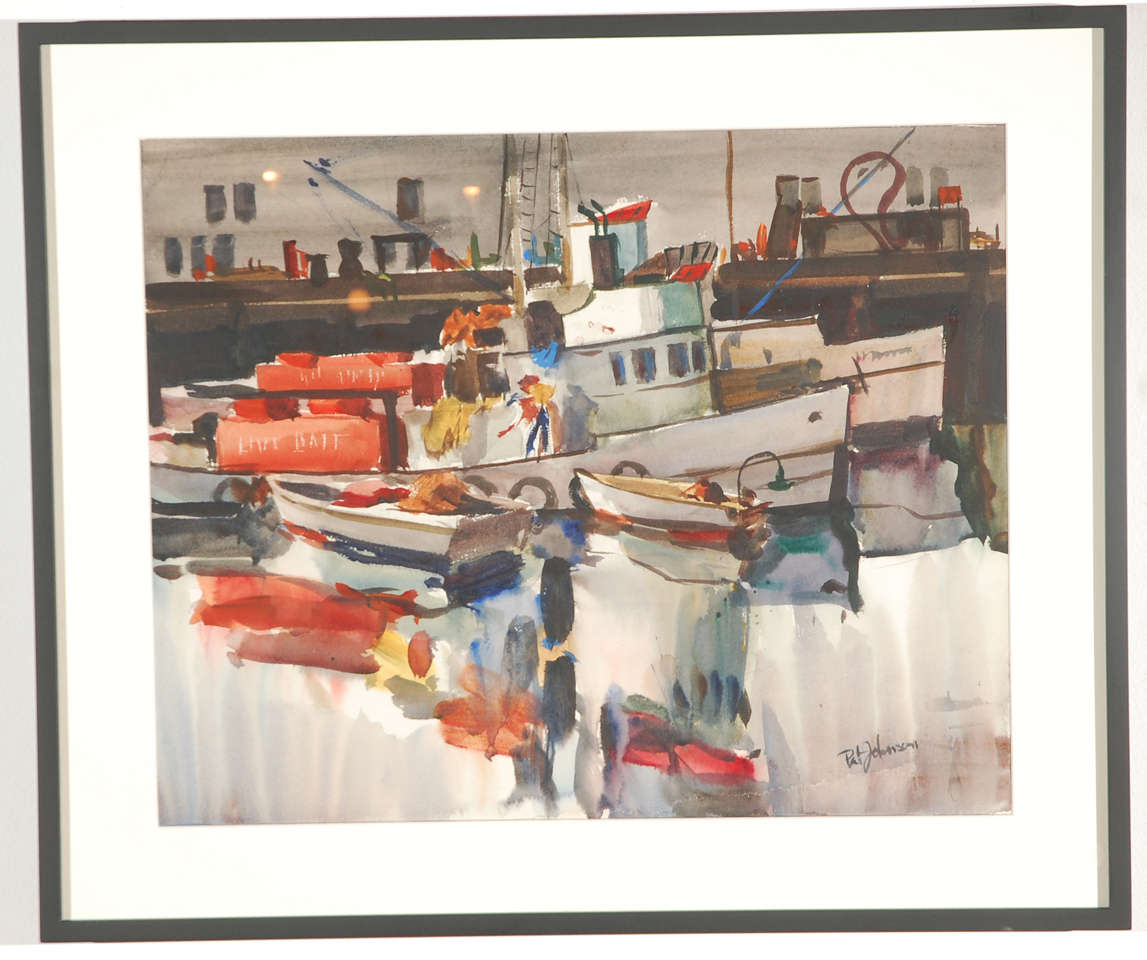 Watercolor of fishing boats, newly re framed.