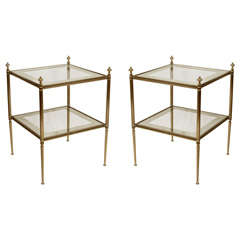 Pair Vintage Brass & Glass 2-Tier End Tables, Mid 20th Century